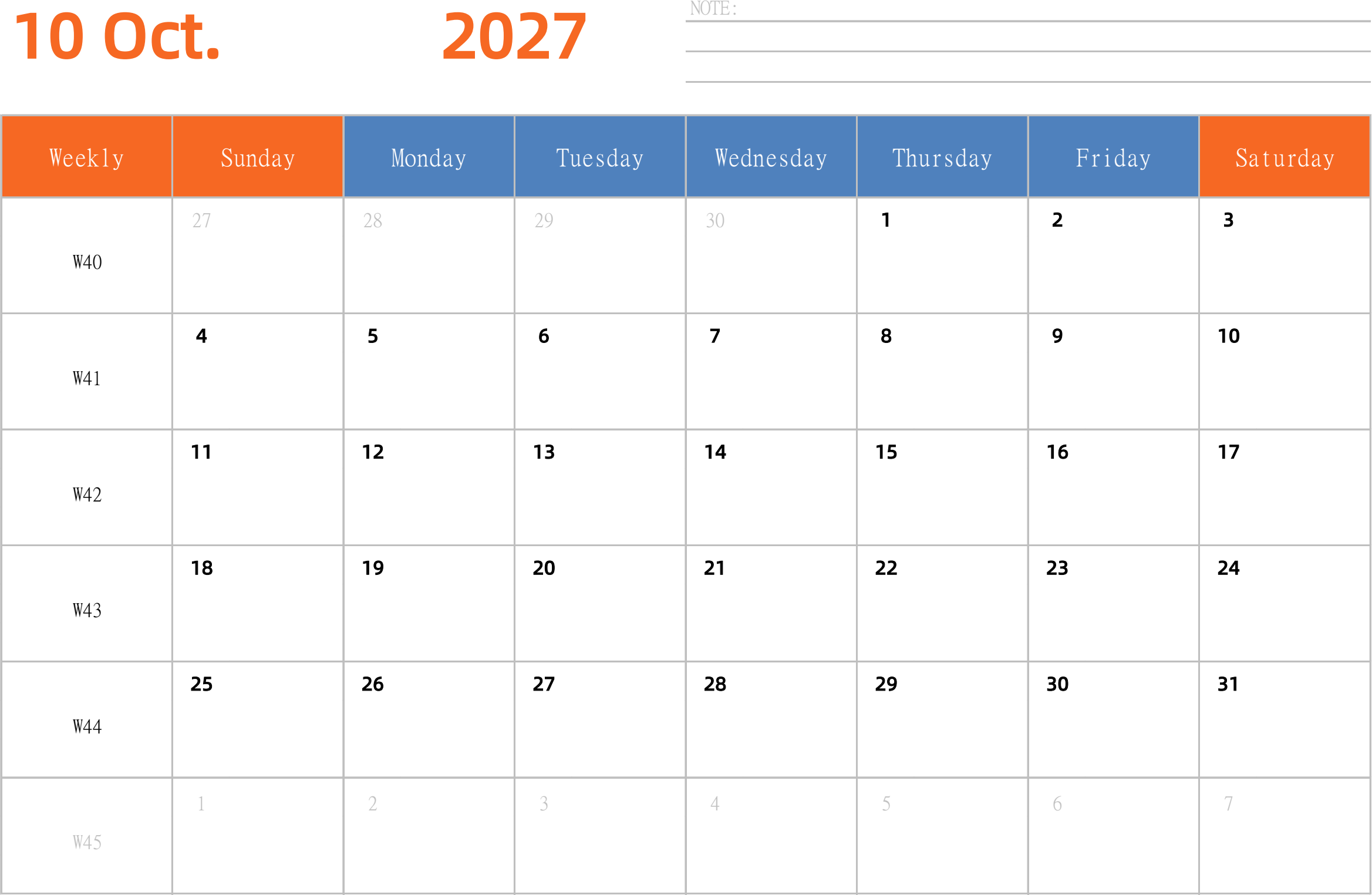 日历表2027年日历 英文版 横向排版 周日开始 带周数